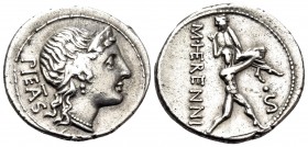 M. Herennius, 108-107 BC. Denarius (Silver, 19.5 mm, 3.95 g, 1 h), Rome. PIE(TA)S Diademed head of Pietas to right, wearing pendant earring and pearl ...
