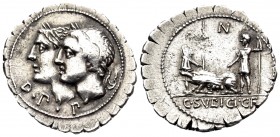 C. Sulpicius C.f. Galba, 106 BC. Denarius Serratus (Silver, 20 mm, 3.90 g, 12 h), Rome. D · P · P Jugate and laureate heads of the Dei Penates to left...