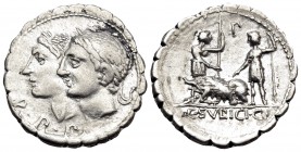 C. Sulpicius C.f. Galba, 106 BC. Denarius Serratus (Silver, 20 mm, 3.83 g, 10 h), Rome. D · P · P Jugate and laureate heads of the Dei Penates to left...