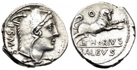 L. Thorius Balbus, 105 BC. Denarius (Silver, 19 mm, 3.84 g, 3 h), Rome. I · S · M · R Head of Juno Sospita to right, wearing goat's skin headdress. Re...
