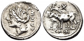 L. Cassius Caecianus, 102 BC. Denarius (Silver, 18.5 mm, 4.02 g, 1 h), Rome. CÆICIN Bust of Ceres to left, slight drapery at neck, wreathed with grain...