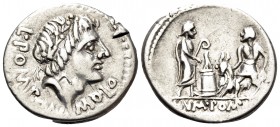 L. Pomponius Molo, 97 BC. Denarius (Silver, 19 mm, 3.91 g, 12 h), Rome. L · POMPON · MOLO Laureate head of Apollo to right. Rev. NVMA · POMPIL Numa Po...