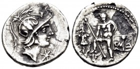 C. Malleolus, 96 BC. Fourrée Denarius (Silver plated bronze, 20 mm, 2.94 g, 9 h), Rome. Helmeted head of Mars right; above, mallet; below chin, denomi...