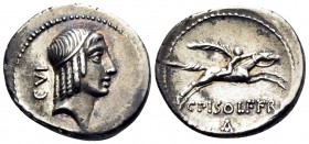 L. Calpurnius Piso Frugi, 90 BC. Denarius (Silver, 19 mm, 3.91 g, 6 h), Rome. Laureate head of Apollo to right; behind, CVI. Rev. C PISO L FRV Horsema...