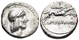 L. Calpurnius Piso Frugi, 90 BC. Denarius (Silver, 17 mm, 4.13 g, 1 h), Rome. Laureate head of Apollo to right; behind, to pellets. Rev. L PISO FRVGI ...
