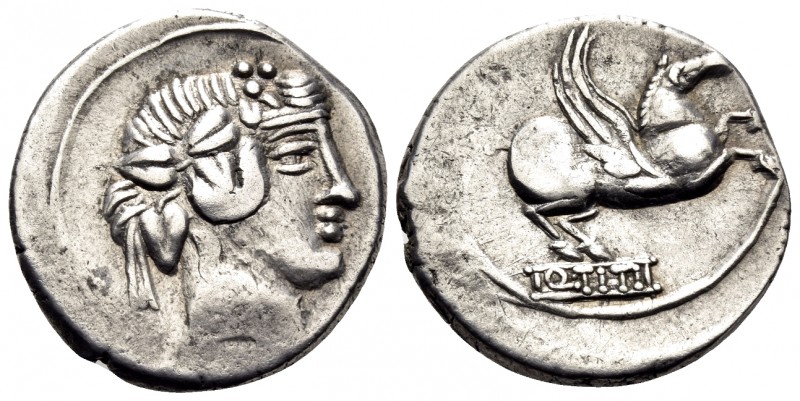 Q. Titius, 90 BC. Denarius (Silver, 18.5 mm, 3.79 g, 8 h), Rome. Head of young B...