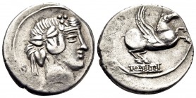 Q. Titius, 90 BC. Denarius (Silver, 18.5 mm, 3.79 g, 8 h), Rome. Head of young Bacchus (or Liber) right, wearing ivy wreath. Rev. Q · TITI Pegasus spr...
