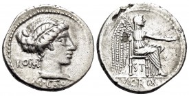 M. Porcius Cato, 89 BC. Denarius (Silver, 19 mm, 3.96 g, 9 h), Rome. ROMA / M · CATO Diademed and draped female bust to right. Rev. VICTRIX Victory se...