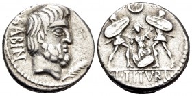 L. Titurius L.f. Sabinus, 89 BC. Denarius (Silver, 18 mm, 4.06 g, 5 h), Rome. SABIN Bare-headed and bearded head of King Titus Tatius to right; below,...
