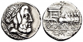 L. Rubrius Dossenus, 87 BC. Denarius (Silver, 18 mm, 3.86 g, 9 h), Rome. DOSSEN Laureate head of Jupiter right, with scepter over shoulder. Rev. L · R...