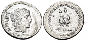 Mn. Fonteius C.f, 85 BC. Denarius (Silver, 20 mm, 3.79 g, 12 h), Rome. (MN) FO(NT)EI C · F Laureate head of Vejovis to right; below chin, ROMA monogra...