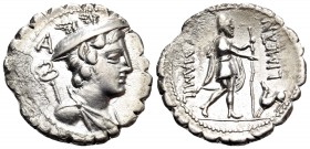 C. Mamilius Limetanus, 82 BC. Denarius Serratus (Silver, 18.5 mm, 3.56 g, 6 h), Rome. Draped bust of Mercury to right, wearing winged petasos and with...