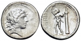 L. Marcius Censorinus, 82 BC. Denarius (Silver, 17.5 mm, 3.79 g, 5 h), Rome. Laureate head of Apollo to right. Rev. L · CENSOR Marsyas advancing left,...
