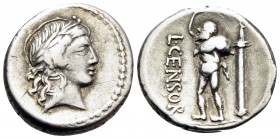 L. Marcius Censorinus, 82 BC. Denarius (Silver, 17.5 mm, 3.80 g, 7 h), Rome. Laureate head of Apollo to right. Rev. L · CENSOR Marsyas advancing left,...
