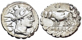 C. Marius C.f. Capito, 81 BC. Denarius Serratus (Silver, 19 mm, 3.97 g, 10 h), Rome. CAPIT · CI Draped bust of Ceres to right, wearing grain wreath an...