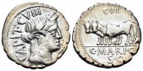 C. Marius C.f. Capito, 81 BC. Denarius Serratus (Silver, 18 mm, 3.83 g, 5 h), Rome. CAPIT · CVIII Draped bust of Ceres to right, wearing grain wreath ...