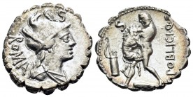 C. Poblicius Q.f, 80 BC. Denarius (Silver, 19 mm, 3.84 g, 8 h), Rome. ROMA Draped bust of Roma to right, wearing helmet adorned with plumes; above, S....