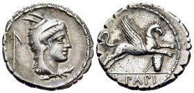 L. Papius, 79 BC. Denarius Serratus (Silver, 19 mm, 3.89 g, 4 h), Rome. Head of Juno Sospita to right; behind, flail. Rev. L · PAPI Gryphon springing ...
