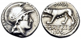 P. Satrienus, 77 BC. Denarius (Silver, 17 mm, 3.86 g, 6 h), Rome. Helmeted head of Roma to right; behind, TXXXIIII. Rev. ROMA / P · SATRIE/NVS She-wol...