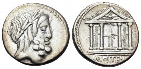 M. Volteius M.f, 75 BC. Denarius (Silver, 17 mm, 4.13 g, 5 h), Rome. Laureate and bearded head of Jupiter to right. Rev. M · VOLTEI · M · F Tetrastyle...