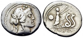 M. Volteius M.f, 75 BC. Denarius (Silver, 19 mm, 3.81 g, 5 h), Rome. Head of Liber to right, wearing wreath of ivy and fruit. Rev. M · VOLTEI · M · F ...
