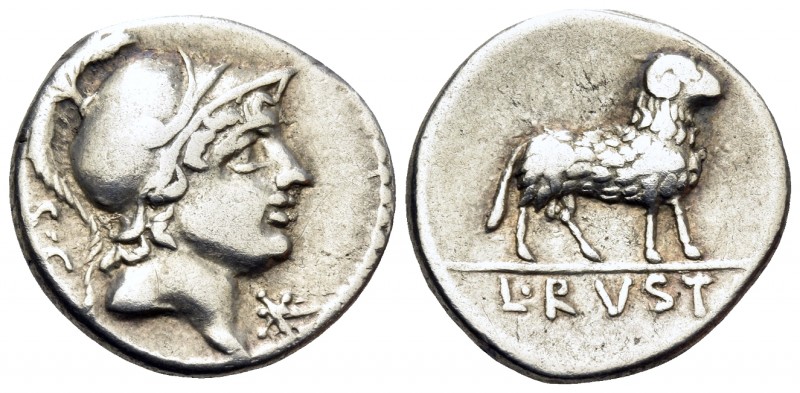L. Rustius, 74 BC. Denarius (Silver, 17.5 mm, 3.76 g, 6 h), Rome. S · C Helmeted...