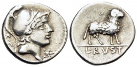 L. Rustius, 74 BC. Denarius (Silver, 17.5 mm, 3.76 g, 6 h), Rome. S · C Helmeted head of Minerva to right; below chin, value mark. Rev. L · RVSTI Ram ...