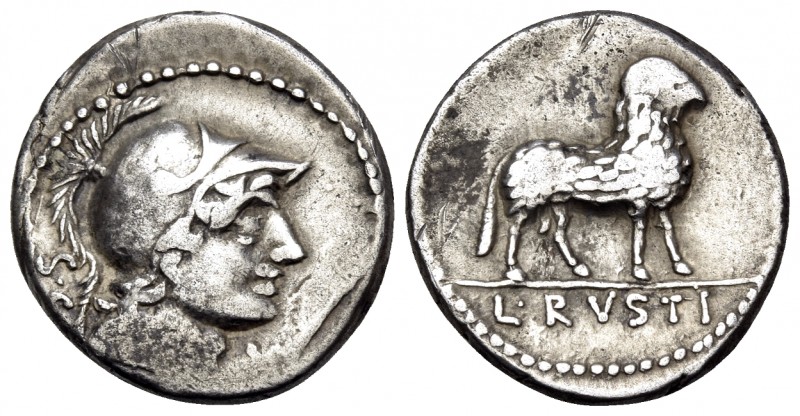 L. Rustius, 74 BC. Denarius (Silver, 19 mm, 3.70 g, 6 h), Rome. S · C Helmeted h...