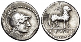 L. Rustius, 74 BC. Denarius (Silver, 19 mm, 3.70 g, 6 h), Rome. S · C Helmeted head of Minerva to right; below chin, value mark. Rev. L · RVSTI Ram st...