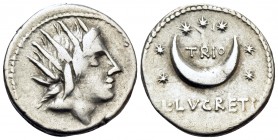 L. Lucretius Trio, 74 BC. Denarius (Silver, 18 mm, 3.92 g, 6 h), Rome. Radiate head of Sol to right. Rev. TRIO / L · LVCRETI Crescent moon surrounded ...