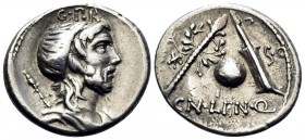 Cn. Lentulus, 76-75 BC. Denarius (Silver, 19.5 mm, 3.84 g, 6 h), Spain(?). G · P · R Draped bust of the Genius Populi Romani to right, bearded, his ha...