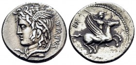L. Cossutius C.f. Sabula, 72 BC. Denarius (Silver, 18 mm, 3.71 g, 6 h). SABVLA Head of the Medusa to left, winged and hair bound by serpents. Rev. L ·...