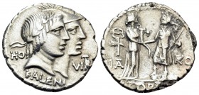 Q. Fufius Calenus and Mucius Cordus, 68 BC. Denarius Serratus (Silver, 19 mm, 3.67 g, 7 h), Rome. HO - VIRT / KALENI Jugate heads of Honos, laureate, ...