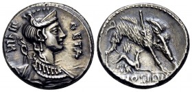 C. Hosidius C.f. Geta, 64 BC. Denarius (Silver, 17 mm, 3.83 g, 5 h), Rome. GETA - III VIR Draped bust of Diana to right, with bow and quiver over her ...