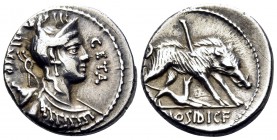 C. Hosidius C.f. Geta, 64 BC. Denarius (Silver, 17 mm, 3.86 g, 7 h), Rome. GETA - III VIR Draped bust of Diana to right, with bow and quiver over her ...