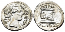 L. Scribonius Libo, 62 BC. Denarius (Silver, 20 mm, 3.94 g, 5 h), Rome. BON EVENT / LIBO Diademed head of Bonus Eventus to right. Rev. PVTEAL / SCRIBO...