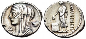 L. Cassius Longinus, 60 BC. Denarius (Silver, 19 mm, 3.81 g, 6 h), Rome. Veiled and diademed head of Vesta to left; to right, two-handled cup; to left...