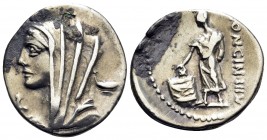L. Cassius Longinus, 60 BC. Denarius (Silver plated bronze, 20 mm, 3.83 g, 3 h), Rome. Veiled and diademed head of Vesta to left; to right, two-handle...