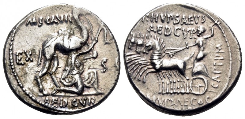 M. Aemilius Scaurus and Pub. Plautius Hypsaeus, 58 BC. Denarius (Silver, 18 mm, ...