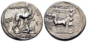 M. Aemilius Scaurus and Pub. Plautius Hypsaeus, 58 BC. Denarius (Silver, 18 mm, 3.95 g, 5 h), Rome. M SCAVR / AED CVR / EX S C Male figure kneeling to...