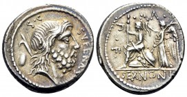 M. Nonius Sufenas, 57 BC. Denarius (Silver, 18.5 mm, 3.98 g, 4 h), Rome. S•C - SVFENAS Head of Saturn to right; to left, harpa above baetyl. Rev. PR•L...