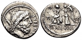 M. Nonius Sufenas, 57 BC. Denarius (Silver, 18 mm, 3.96 g, 5 h), Rome. S•C - SVFENAS Head of Saturn to right; to left, harpa above baetyl. Rev. PR•L•V...