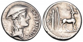 Cn. Plancius, 55 BC. Denarius (Silver, 17.5 mm, 3.98 g, 6 h), Rome. CN• PLANCIVS AED• CVR• S• C Head of Diana to right, wearing causia and a pendant e...