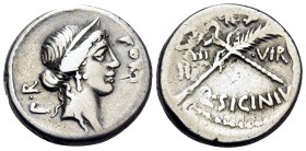 Q. Sicinius, 49 BC. Denarius (Silver, 17 mm, 3.93 g, 9 h), Rome. FORT P.R Diademed head of Fortuna to right. Rev. III. - VIR / Q.SICINIVS Filleted pal...