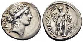 Man. Acilius Glabrio, 49 BC. Denarius (Silver, 19 mm, 3.75 g, 5 h), Rome. SALVTIS Laureate head of Salus to right. Rev. (MN) · ACILIVS III · VIR · VAL...