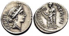 Man. Acilius Glabrio, 49 BC. Denarius (Silver, 19.5 mm, 3.93 g, 3 h), Rome. SALVTIS Large aureate head of Salus to right. Rev. (MN) · ACILIVS III · VI...