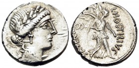 L. Hostilius Saserna, 48 BC. Denarius (Silver, 17 mm, 3.91 g, 3 h), Rome. Female head (Venus or Pietas) to right, wearing oak wreath, diadem, pendant ...