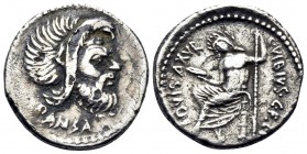 C. Vibius C.f. C.n. Pansa Caetronianus, 48 BC. Denarius (Silver plated bronze, 18 mm, 2.79 g, 9 h), Rome. PANSA Mask of bearded Pan to right, adorned ...