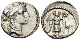 Julius Caesar, late spring - early summer 48 BC. Denarius (Silver, 19 mm, 3.90 g, 9 h), mint moving with Caesar. Female head to right (Clementia?), we...
