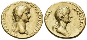 Claudius, with Agrippina Junior, 41-54. Aureus (Gold, 18 mm, 6.94 g, 6 h), Rome, 50-51. TI CLAVD CAESAR AVG GERM P M TRIB POT P P Laureate head of Cla...